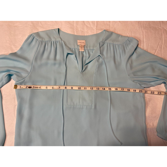 Chicos M/8 Sz 1 Layered Tie-Front Powder Blue Popover Blouse Peasant Long Sleeve - Picture 11 of 14